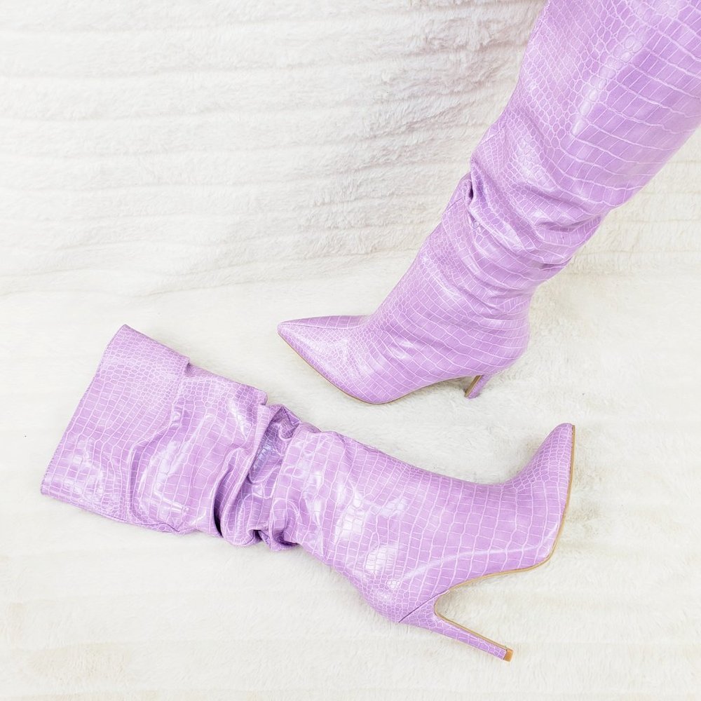 Always Trendy Lilac Purple Slouchy Scrunch High Heel Knee Boots